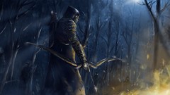 Night fire bows masks forests artwork Archers fantasy art