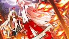 Night fire moon dress horns white hair red eyes Ribbons long 