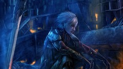 Night fire weapons Skyscrapers ruins armor sitting Swords 