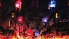 Night fire wings dress sitting rocks stockings anime girls 