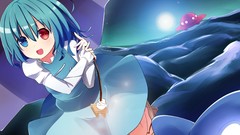 Night hills moon UFO dress Umbrellas flying red eyes blush blue 