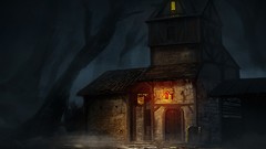 Night houses lanterns forests artwork