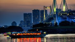 Night Japan ships Tokyo Bridges architecture cityscapes
