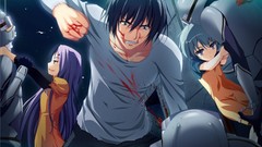 Night Katana blood fight Swords smiling anime girls