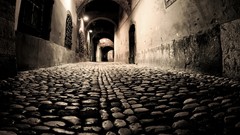 Night lights monochrome doors cobblestones streets artwork 