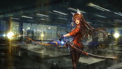 Night lights weapons Katana Skyscrapers watercolor fangs red 