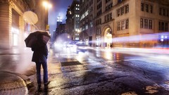 Night Men cars Umbrellas streets cityscapes new york city long 