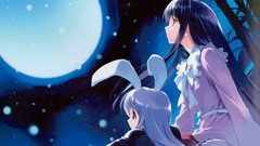 Night moon bamboo red eyes schoolgirls bows blue hair long hair 