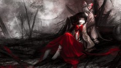 Night moon bamboo ruins Princess white hair red eyes Ribbons 