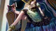 Night moon chairs glasses dress hats socks white hair red eyes 