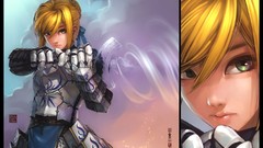 Night moon Excalibur armor saber Ribbons anime girls green eyes 