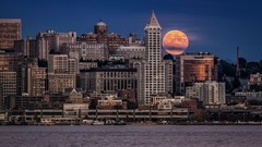 Night moon Skyscrapers Seattle full moon skyline cityscapes