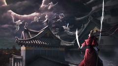 Night moon Swords spears battles ninjas fantasy art