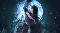 Night moon tears white hair hugging anime girls touhou black 