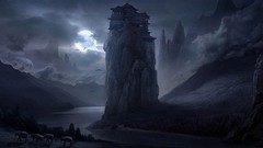 Night moon tower elephants rivers artwork