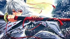 Night moon weapons Katana hats white hair red eyes Ribbons 