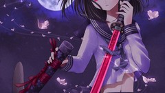 Night moon weapons Katana red eyes anime girls school uniforms 