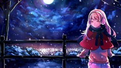 Night moon woman blondes scarfs long hair closed eyes skies