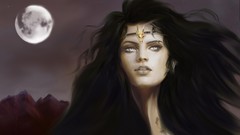 Night moon woman blue eyes brunettes artwork fantasy art