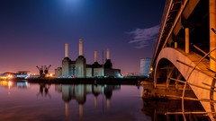 Night moonlight Bridges reflections rivers cityscapes factories