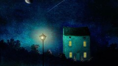 Night paintings houses street lights artwork lunar eclipse