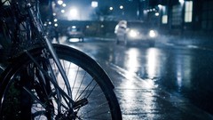 Night rain cars roads Bicycles streets cityscapes