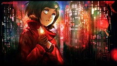 Night rain gloves buildings multicolor anime girls blue eyes 