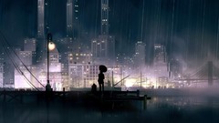 Night rain lights scene paintings Bridges buildings cities 