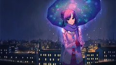 Night rain woman anime girls blue eyes pantyhose purple hair