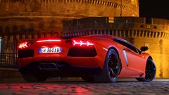Night red lights cars castle vehicles Lamborghini-Aventador 