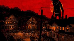 Night red moon Dogs silhouettes houses street lights surreal 
