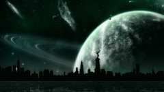 Night silhouettes planets cityscapes artwork