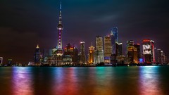 Night Skyscrapers Shanghai buildings multicolor cityscapes