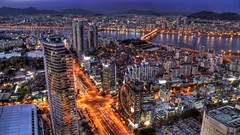 Night Skyscrapers traffic lights traffic roads buildings 