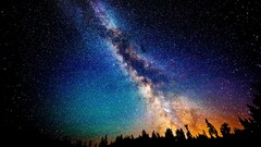 night Space Stars Milky Way Trees space art digital art sky