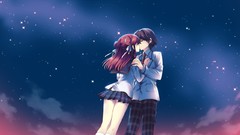 Night Stars clouds Anime brown tie kissing long hair anime 