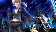 Night Stars clouds moon saber gloves anime girls green eyes 