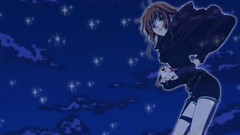 Night Stars clouds woman Anime hope belts scarfs green eyes 