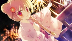 Night Stars fireworks red eyes kimono blush long hair anime 