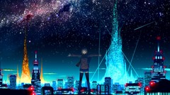 Night Stars lights skirts anime girls cityscapes rooftops 