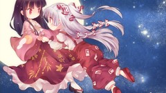 Night Stars moon Chibi white hair red eyes long hair brunettes 