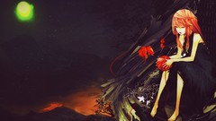 Night Stars Mountains dark moon dress red eyes sitting outdoors 