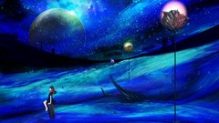 Night Stars sky moon Anime brown dress barefoot anime girls 