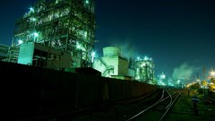 Night urban railroad tracks industrial plants