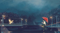 Night water Birds Umbrellas anime girls school uniforms jumping 