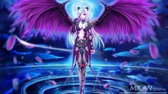 Night water clouds sky moon wings feathers Anime horns armor 