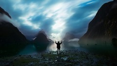 Night water Mountains panorama New Zealand night sky fjord 