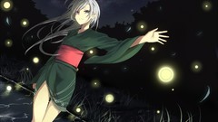 Night water Stars tears long hair anime girls gray hair yukata 