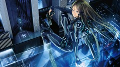 Night weapons Guns Skyscrapers sitting buildings bows cities 