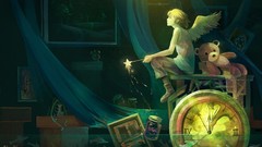 Night wings sitting clocks curtains wand teddy bears jars 